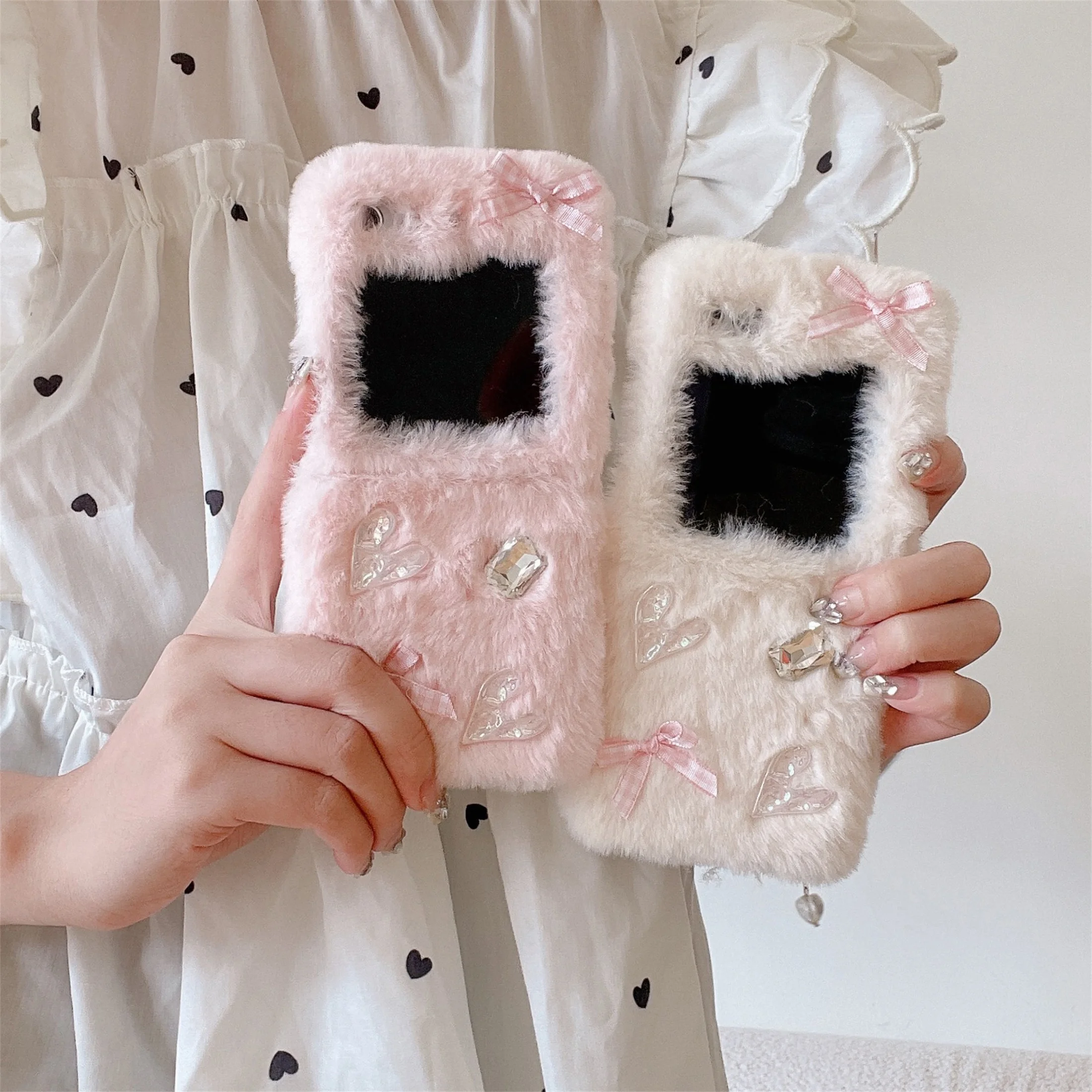 Girly Pink White Plush Phone Case For Samsung Galaxy Z Flip 5 4 3 Fluffy Cover For ZFlip5 ZFlip4   Love butterfly