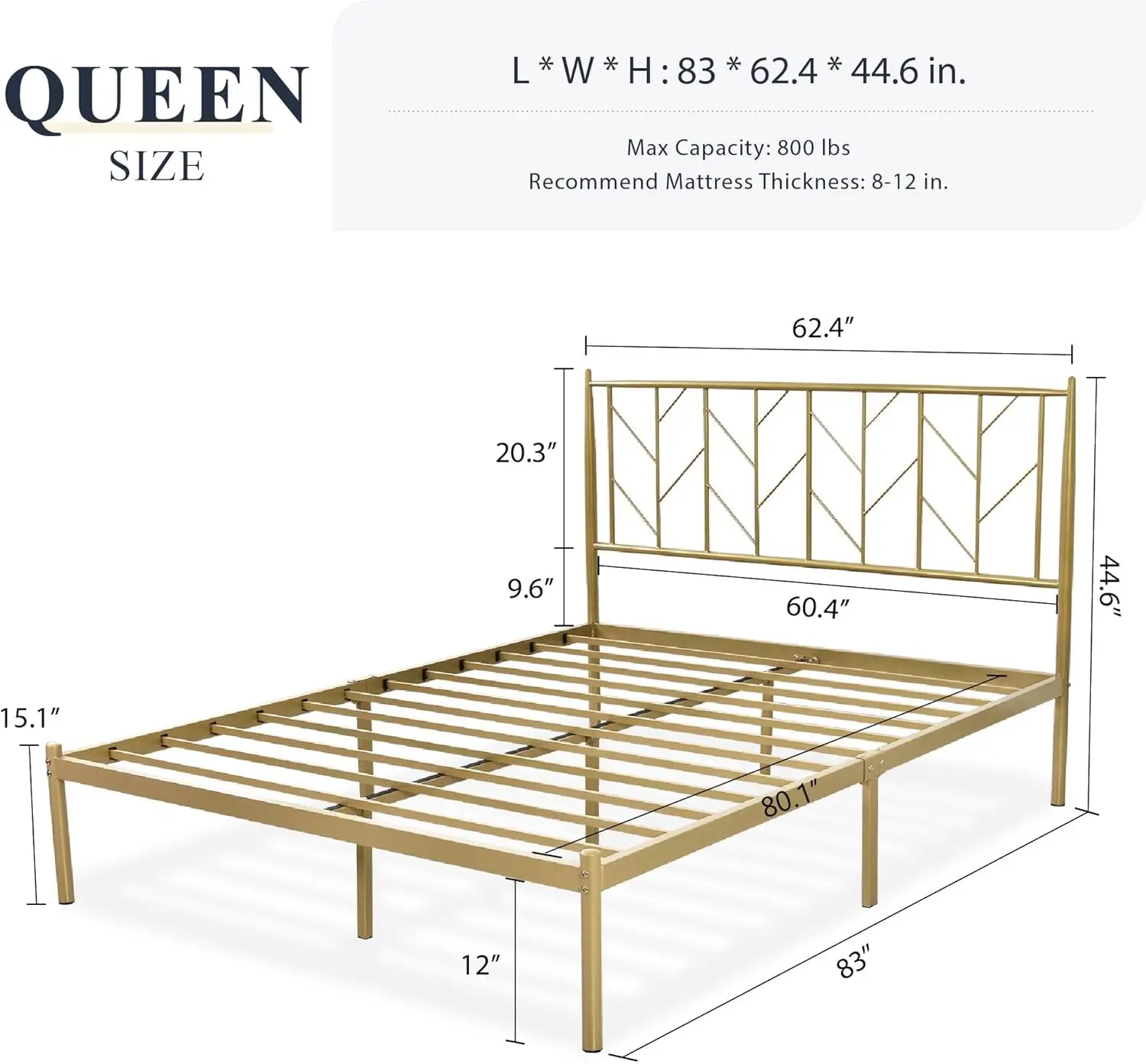 Queen Size Platform Bed Frame with Vintage Headboard, 14 Inches Metal Mattress Foundation for Storage, No Box Spring Needed