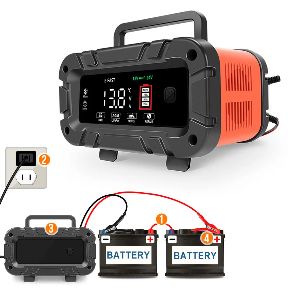 Smart Car Battery Charger 12V 24V Motorcycle SUV Truck 10A High Power Multifunctional Pulse Repair Battery Charging LED Display