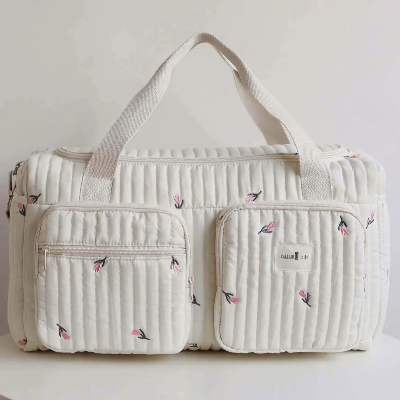 Baby Diaper Bag Cute Bear Flower Embroidery Pattern Mommy Bag Baby Beige Cotton Fabric Zipper Diaper Handbag New Luggage Bag