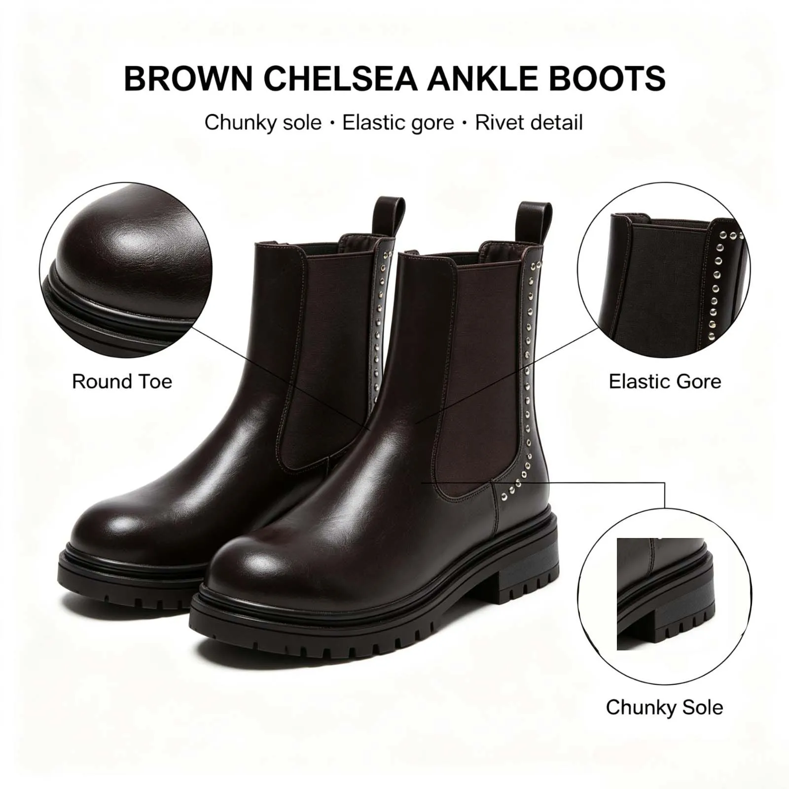 Women's Studded Chelsea Ankle Boots,Side Elastic Panels Boots, Round Toe Chunky Lug Sole Pull Tab Fashion Boots for Fall Winter