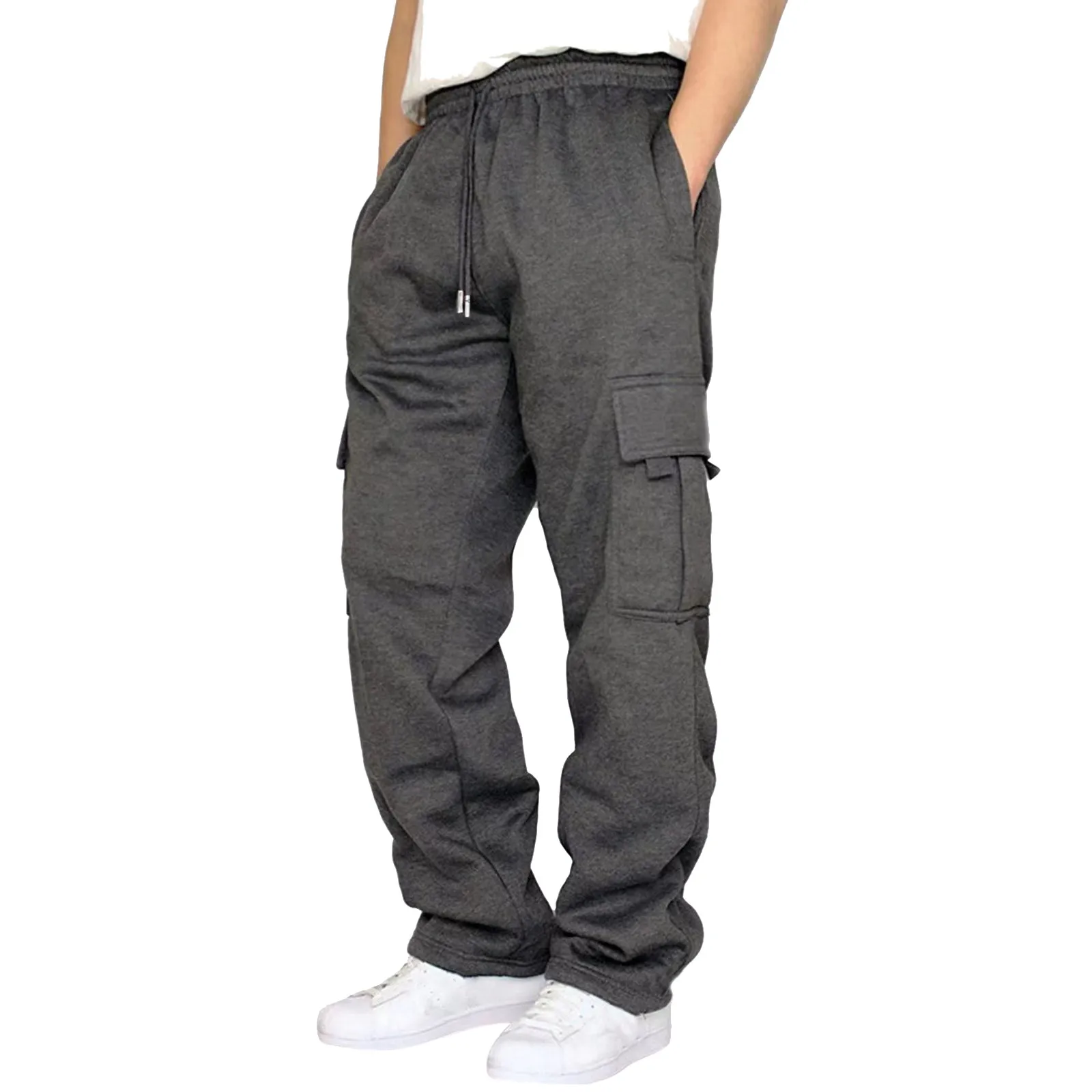 Men's Fitness Running Pants Lace Up Loose Waist Wide Foot Solid Color Pocket Loose Wool Sweatpants