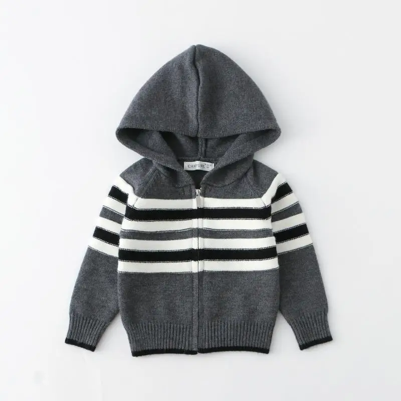2026 Autumn New Children Hooded Sweater Cotton Boys Fashion Casual Knitwear Girls Knitted Striped Zipper Tops Kids Clothes