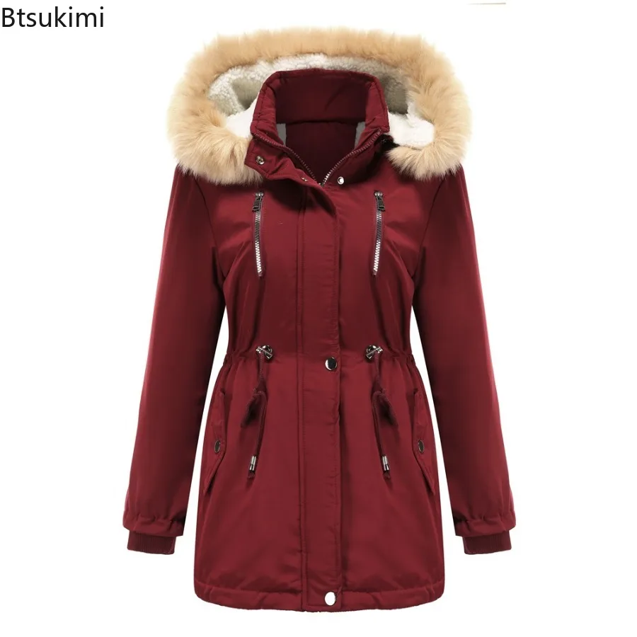 

2025 Women Parkas Lamb Wool Hoodies Coats Thick Warm Tight Waist Loose Autumn Winter Casual Jackets Winter Mid Length Parka Coat