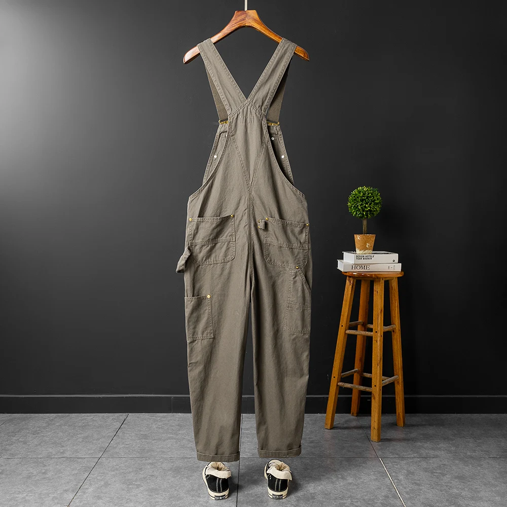 Men Loose Fit Bib Overalls Pockets Cargo Pants Hip Hop Golden Buttons Dungarees Casual Suspenders Jumpsuits