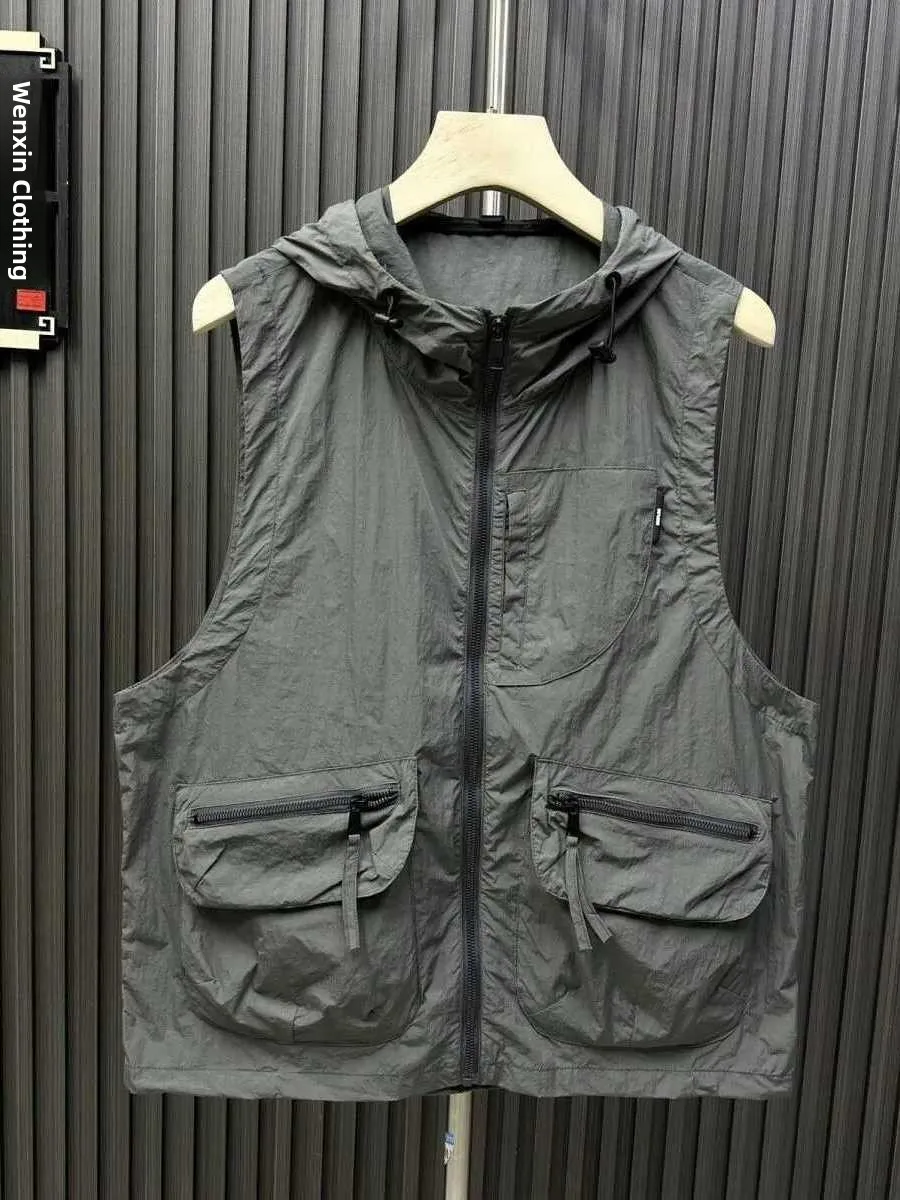 

Повседневный летний жилет в стиле рабочей одежды с капюшоном на молнии, тонкий, свободного кроя, молодежный, модный, для офиса