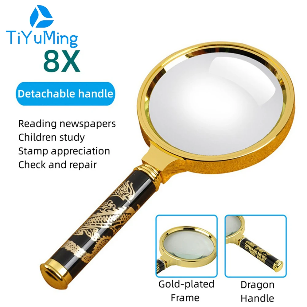 5X-10X Magnifying Glass Golden Dragon Handle Magnifier Mini Pocket Handheld Microscope Reading Jewelry Loupe Magnifiers