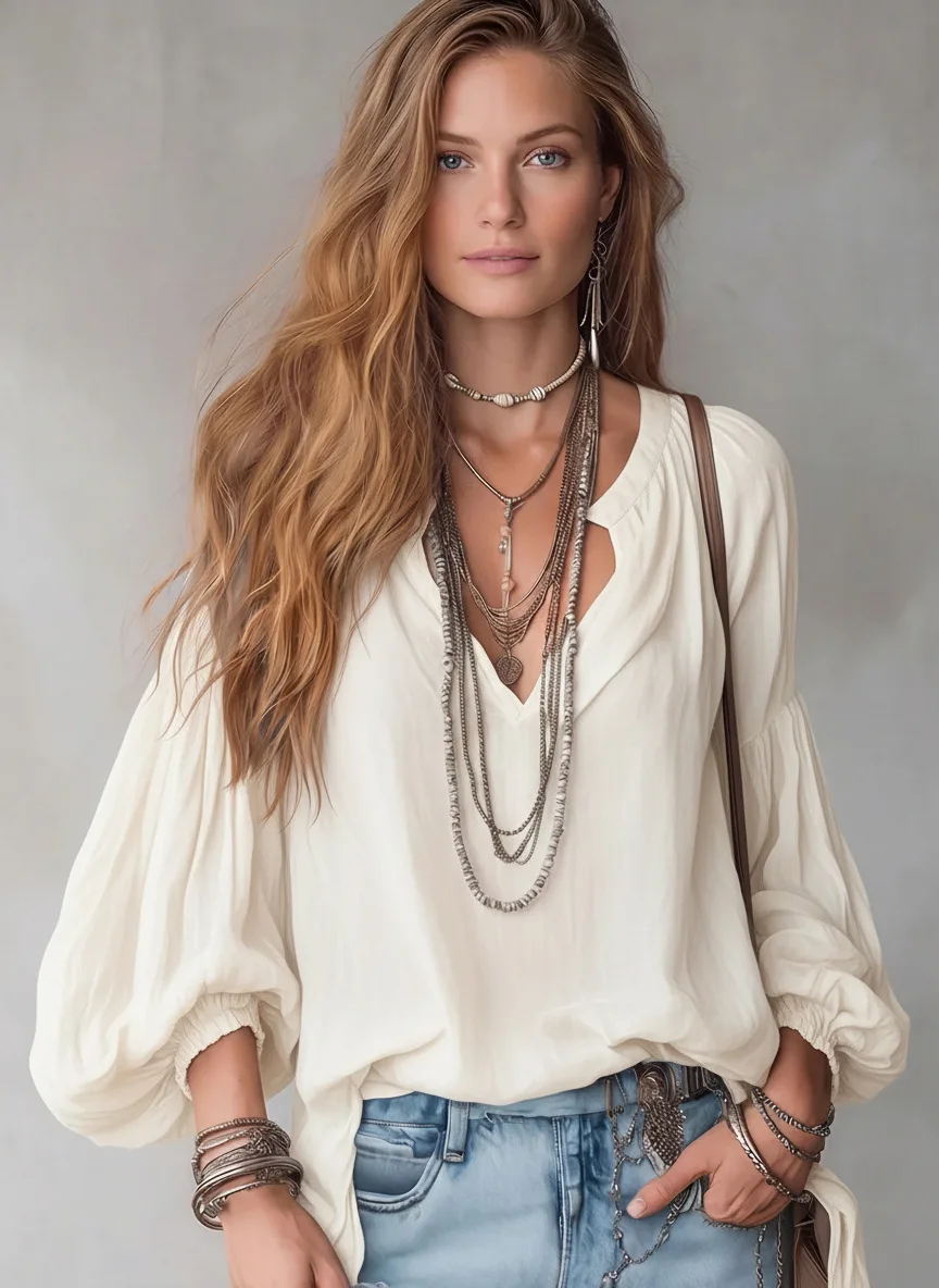 Urlaubs-Boho-Bluse für Damen, V-Ausschnitt, Puffärmel, locker geschnittenes, lässiges Strand-Oberteil mit langen Ärmeln – Detail 5