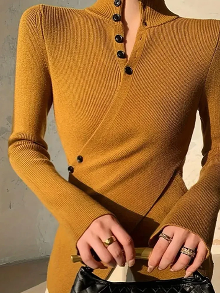 

Темпераментные нерегулярные женские джемперы, модный дизайн, стильный однотонный тонкий свитер, элегантные женские топы на пуговицах с длинными рукавами