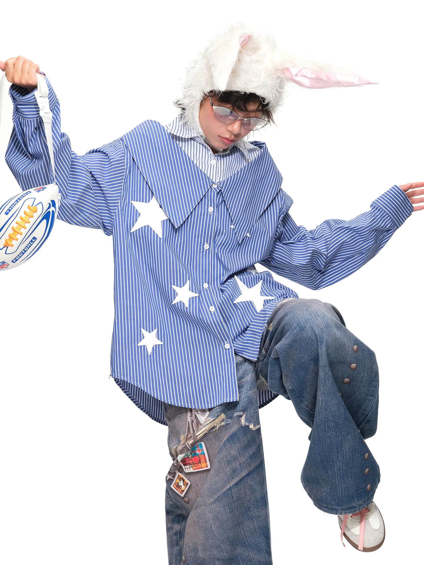 

Blue Striped Star Shirt Casual Loose Fit Cotton Long Sleeve Women's Fashion Oink Oink Versatile Open Cardigan Fake Two-Piece