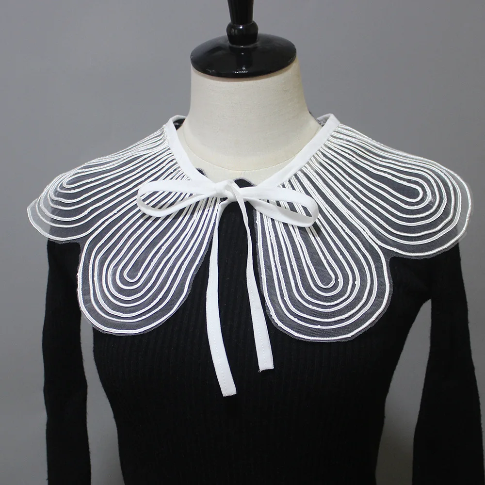 Sheer mesh striped embroidered detachable collar with large lapel bow - Lolita/commute outfit accessory