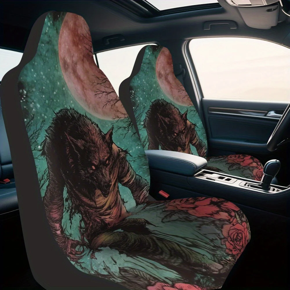 2pcs Halloween Night Werewolf Print Car Seat Covers - Spooky Wolf & Design, Fit For Cars, SUVs, Trucks - Durable Polyester Front