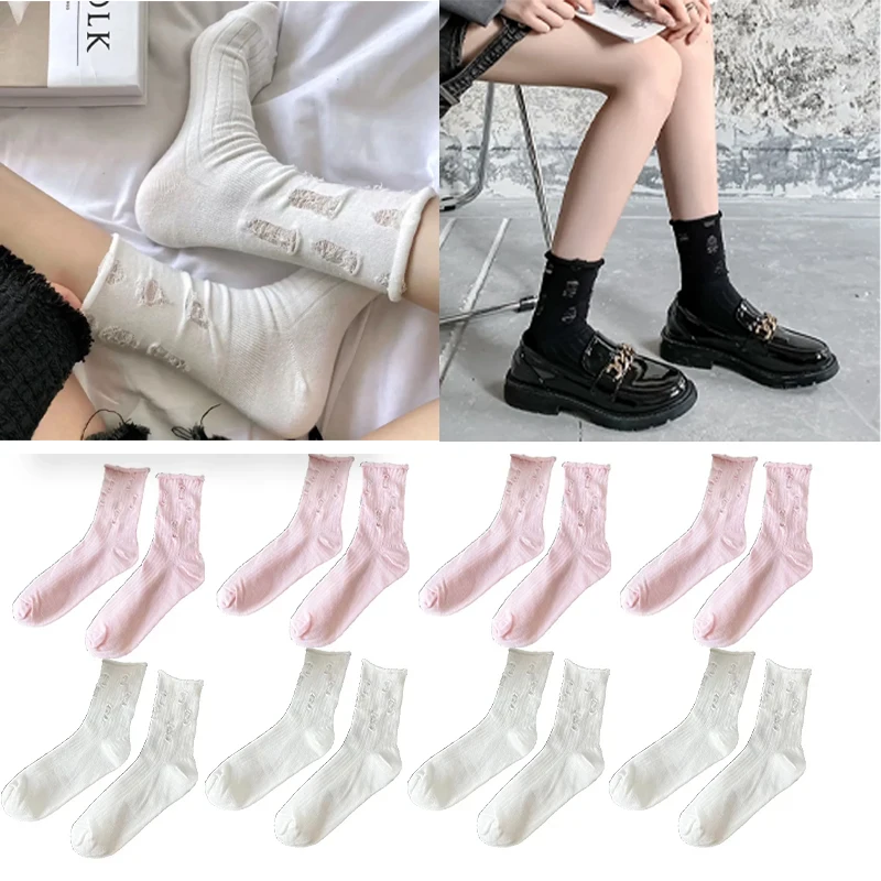 Stackable Ripped Hole Socks Women Black Cotton Mid Calf Boho Distressed Tube Socks Spring Summer Fall Three Season Trend