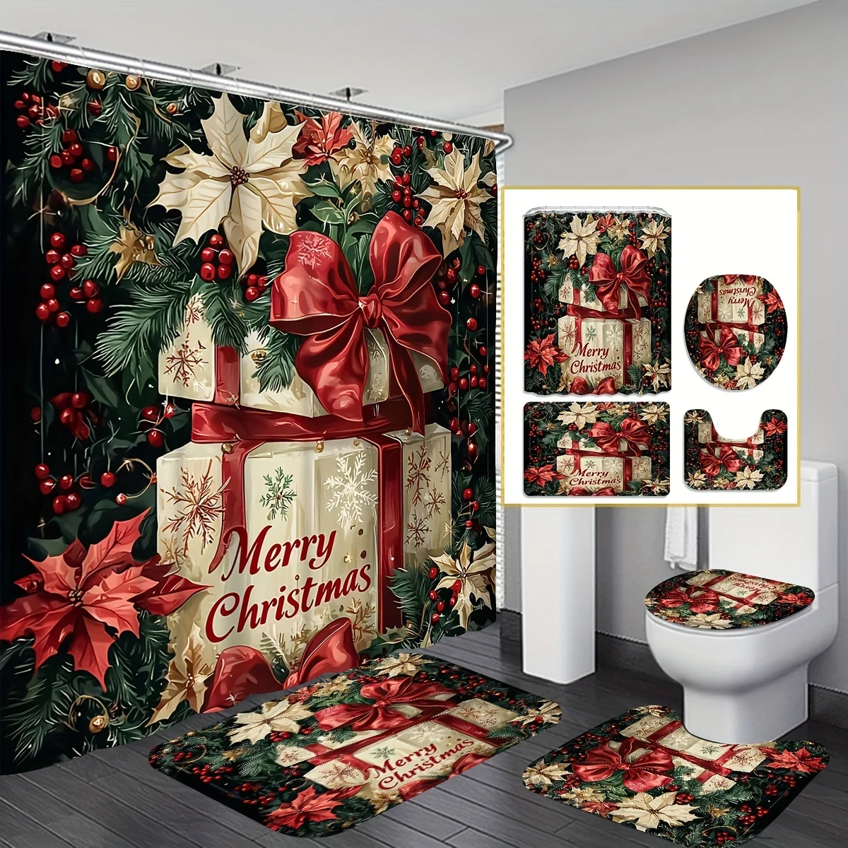 

4Pcs Xmas Shower Set, Holiday Pattern, 12 Hooks, Bath Mat, U-Shaped Toilet Cover, Bathroom Decor, Christmas Gift