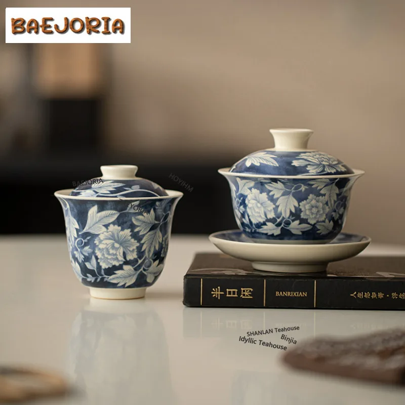 BAEJORIA 150ML Soda Glaze Yuan Blue And White Gaiwan Traditional Tea Tureen Tea Bowl With Lid Kit Tea Brewing Cover Bowl Tea Cha