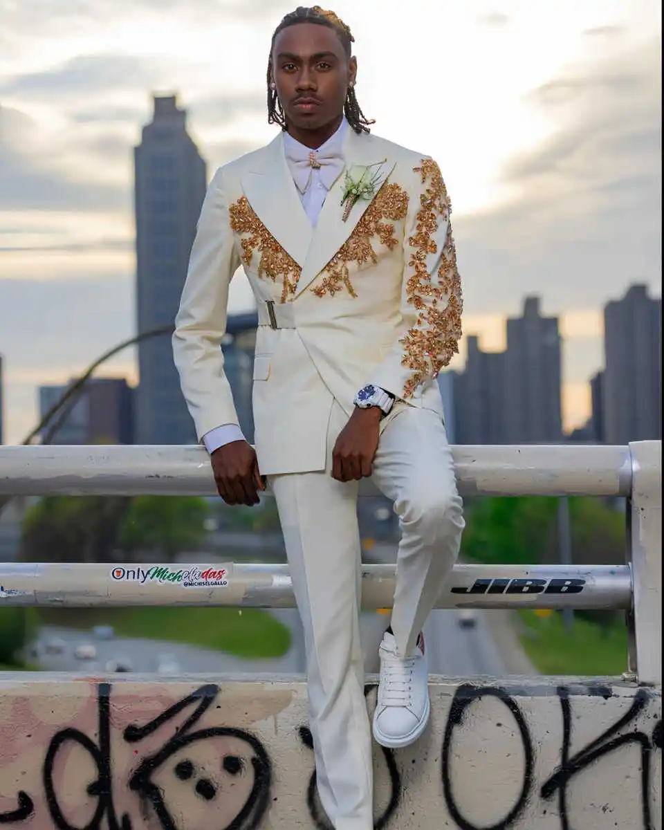 Tuxedos de marié de mariage formel, perles dorées, costumes en cristal pour hommes, 2 pièces, blazer de bal de fête, Costume personnalisé