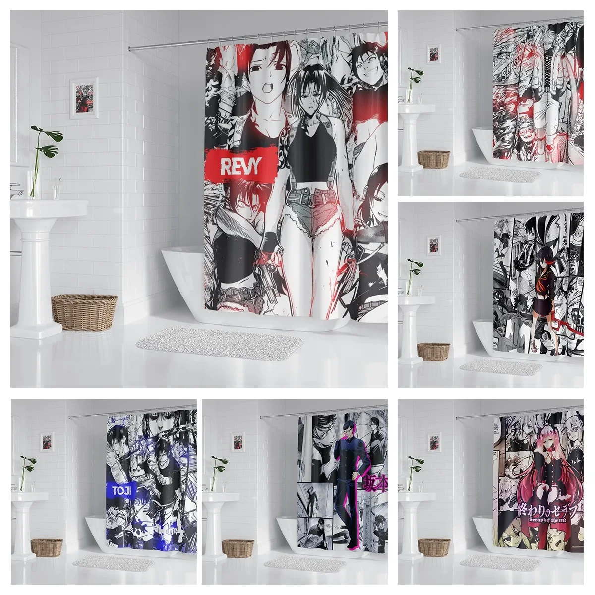 Anime Bathroom Shower Curtain with Hooks, Decorative Bathroom Curtains and Accessories