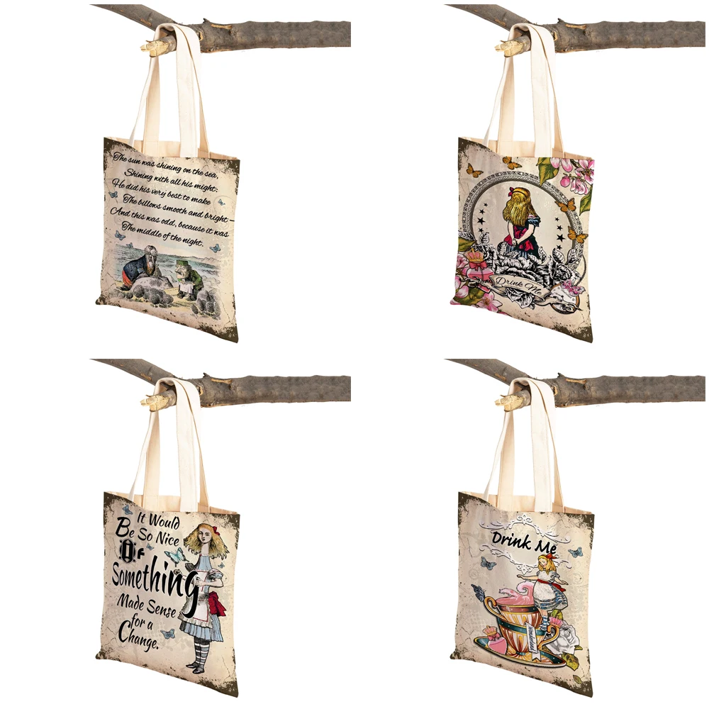 Fairy Tales Wonderland Fashion Shopping Shoulder Bag for Girl Reusable Double Sided Print Casual Children Canvas Tote Handbag