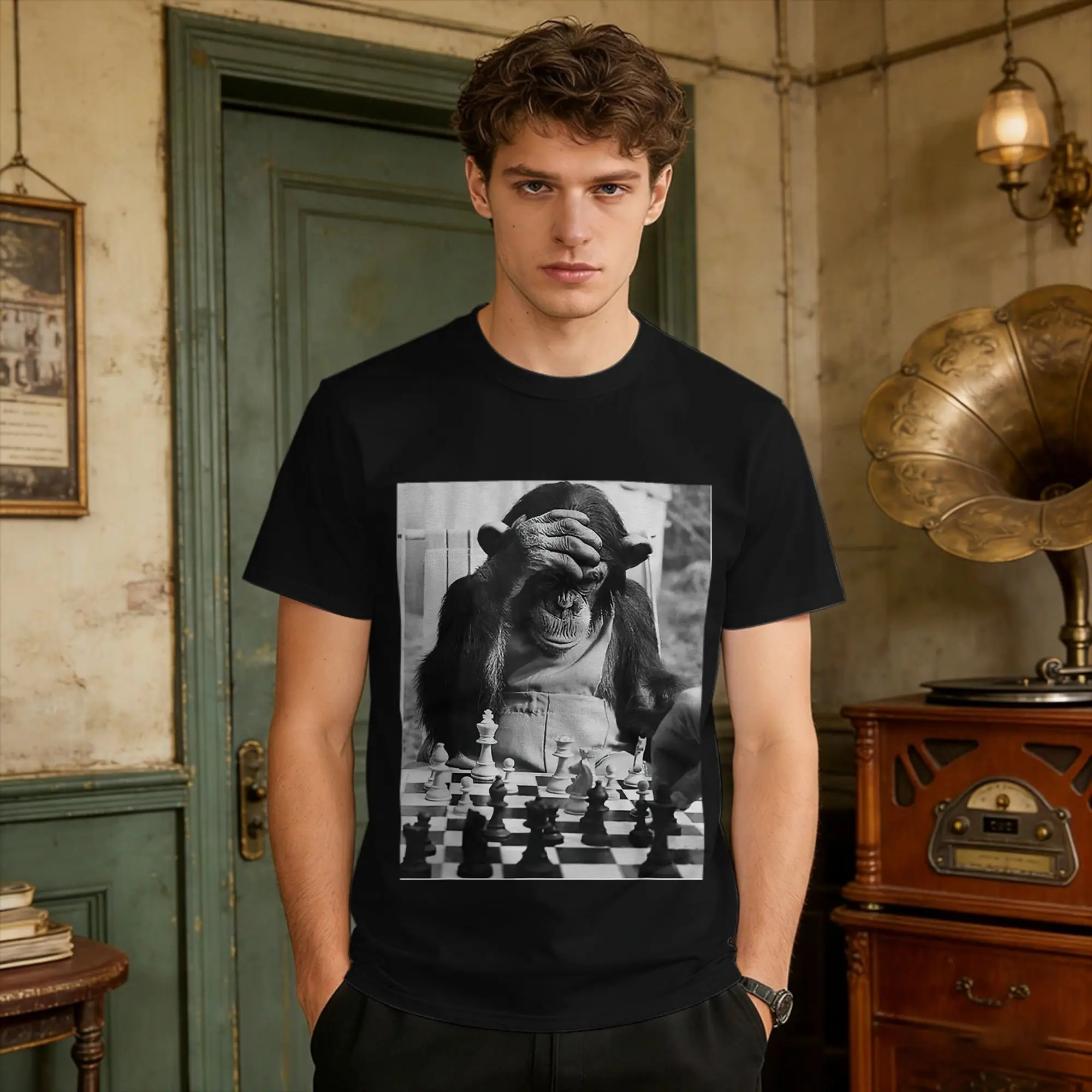 Funny Chimp Playing Chess Photo Booth Monkey Chess Lover Cotton T Shirt For Men Summer  Basic T Shirts Novelty Tee Shirt Clothes