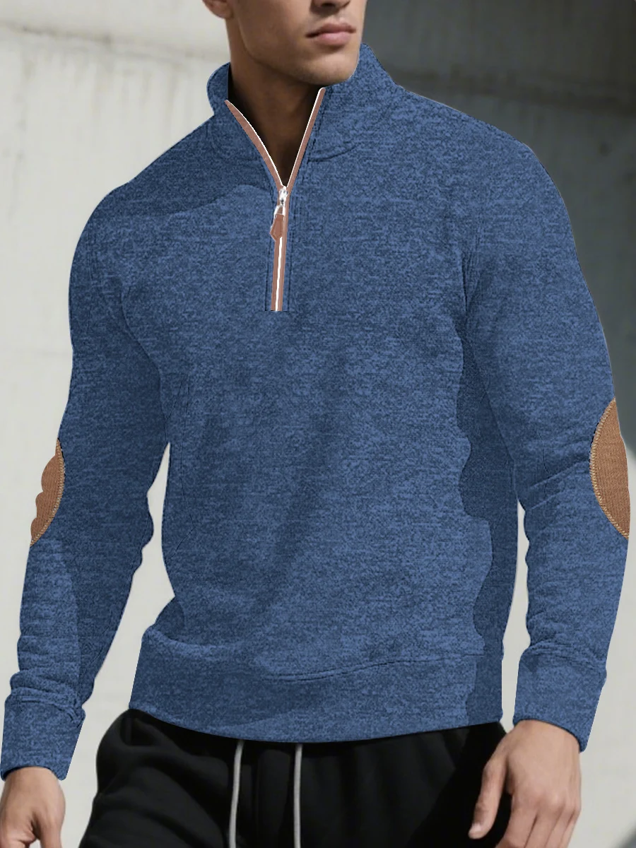 Men's standing collar short zipper knitted sweater with thin velvet sleeves for autumn and winter, fashionable top, sweater jack