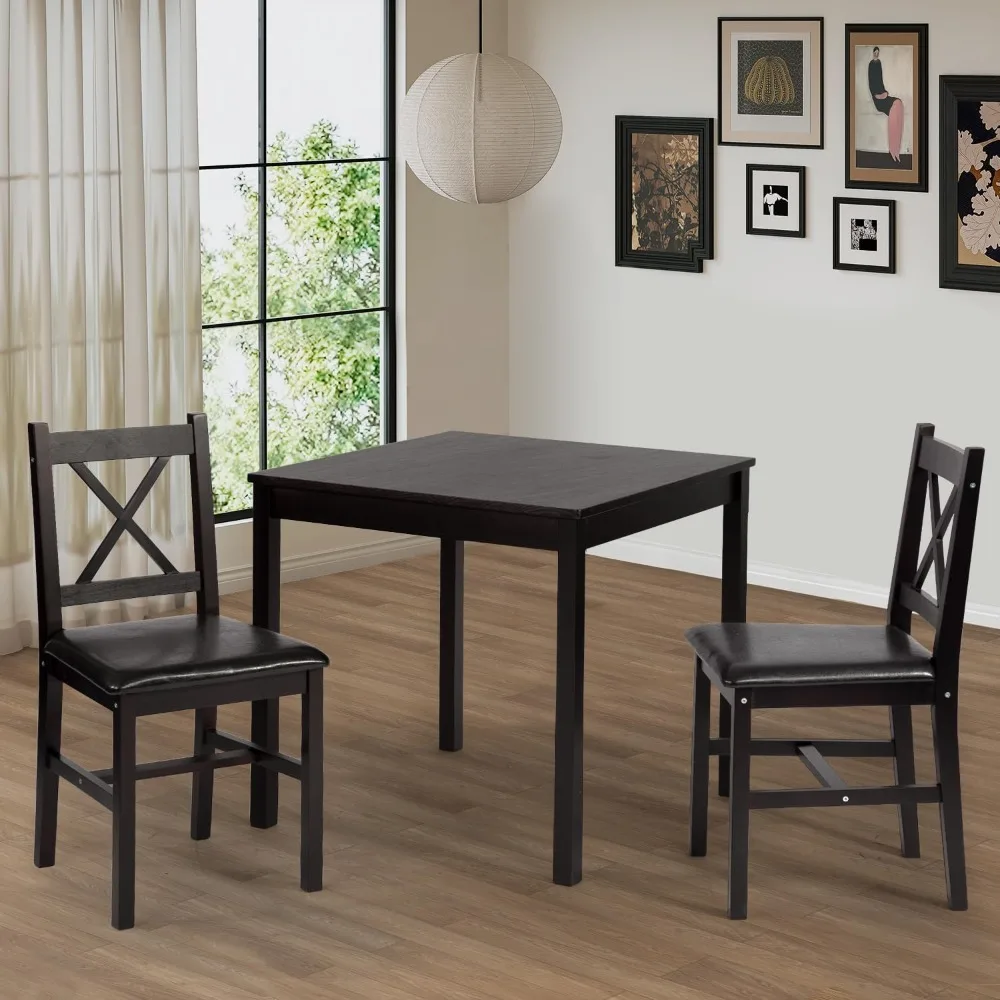 FDW Dining Kitchen Table Dining Set Wood 3 Piece Upholstered Grid Dining Room Table and Chairs for 2,Dark Brown