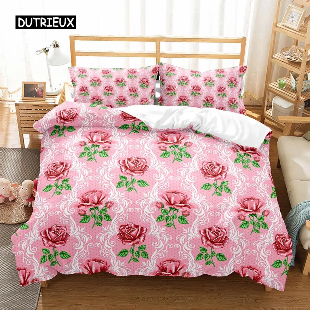 

Romantic Rose Duvet Cover Twin Queen Floral Bedding Set Microfiber Blossom Flowers Quilt Cover For Valentine's Day Wedding Decor