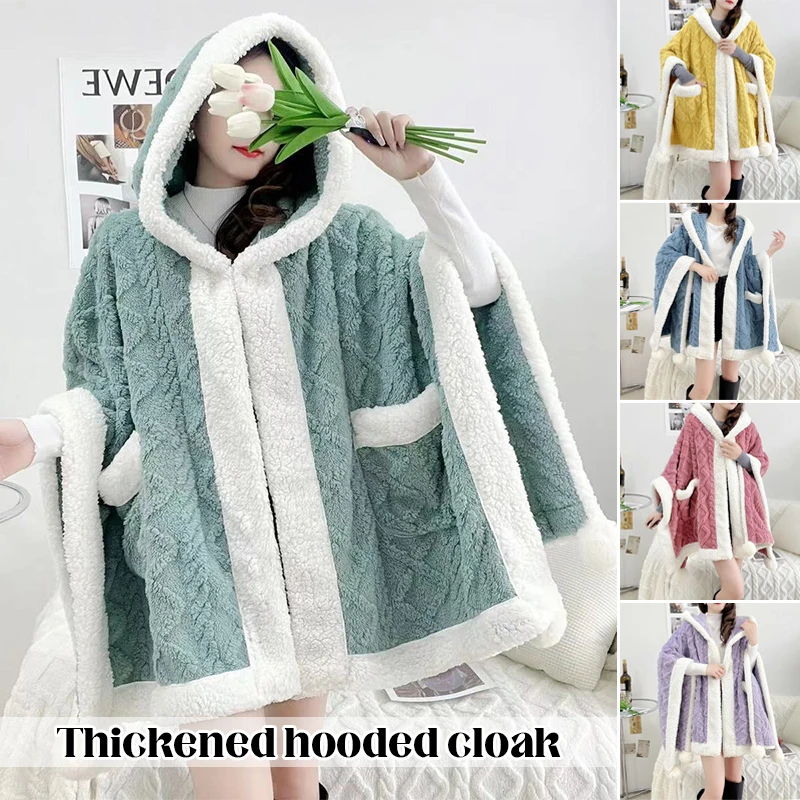 

Fashion Solid Color Lamb Wool Hooded Cloak Women Autumn Winter Thicken Overcoat Coral Fleece Nap Blanket Party Lolita Xmas Cloak