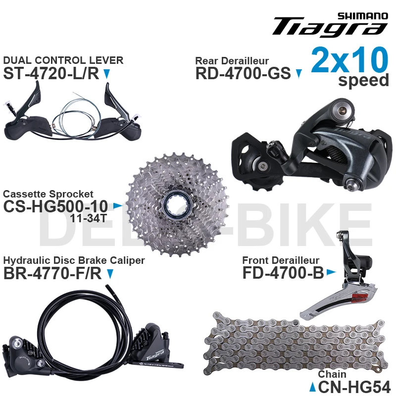 

SHIMANO TIAGRA 4700 2x10v Groupset include 4720 Shifter 4700 Front/Rear Derailleur 4770 Brake and HG500-10 Cassette HG54 Chains