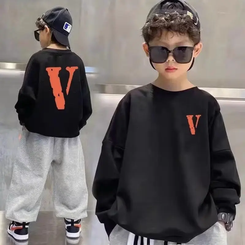 

V Printed Boys' Cotton Sweatshirts Hoodies Autumn Winter Long Sleeved T-shirt Korean Cartoon Sportswear Children's O Neck Top