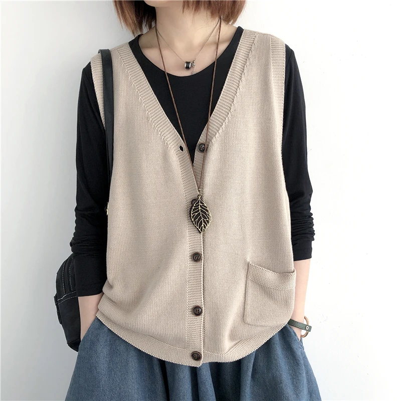 High Quality Knitted Vest Cardigan Women\'s Thin New Solid Color Loose and Versatile V-neck Vest Jacket Top