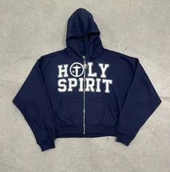 American vintage High Street alphabet print hoodie Men Harajuku trend brand zipper hoodie jacket Punk fashion loose sweatshirt