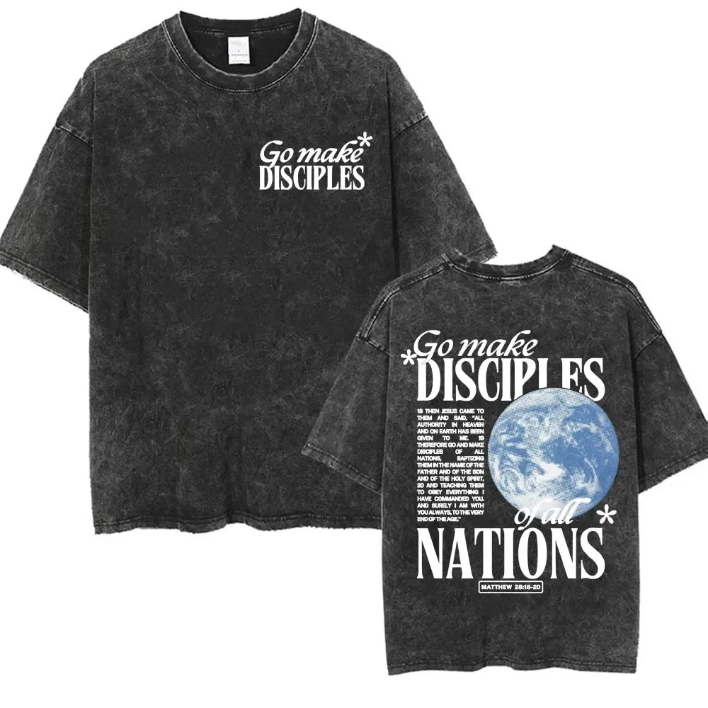 Go Make Disciples Of All Nations T Shirt Washed Cotton Matthew 28:19 Bible Verse Graphic Tee Christian Vintage Summer Top
