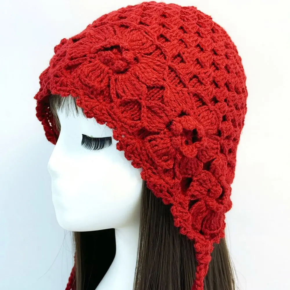 Ethnic Style Crochet Beanie Hat Women Winter Warm Tassel Knit Cap Handmade Thick Soft Double Layer Bonnet Outdoor Accessory