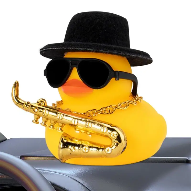 Car Ducks For Dashboard Rubber Car Duck with Squeak Mini Duck Car Ornament with Musical Instrument Necklace Sunglasses Hat