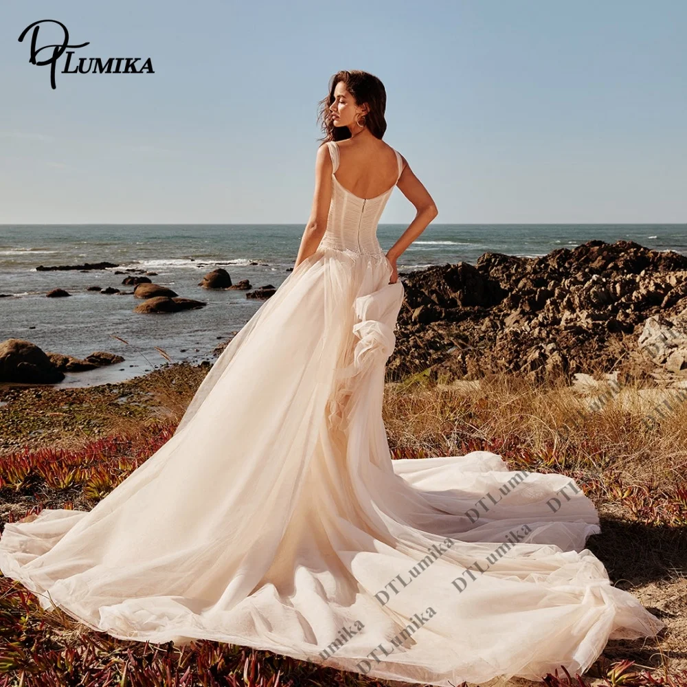 Champagne Tulle Wedding Dress 2026 Spaghetti Strap Backless Bridal Gown Long Train Romantic Beach Wedding Dresses Custom Size