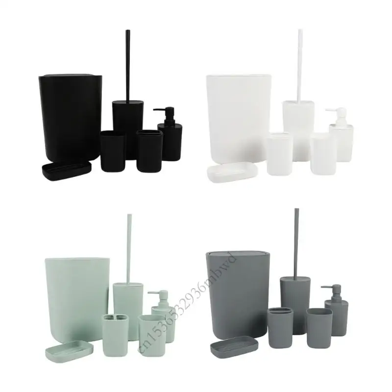 

K43D 6 Part Bathroom Planner Set Plastic Toothbrush Owner Waste Container Combination For Modern Bathroom Storage