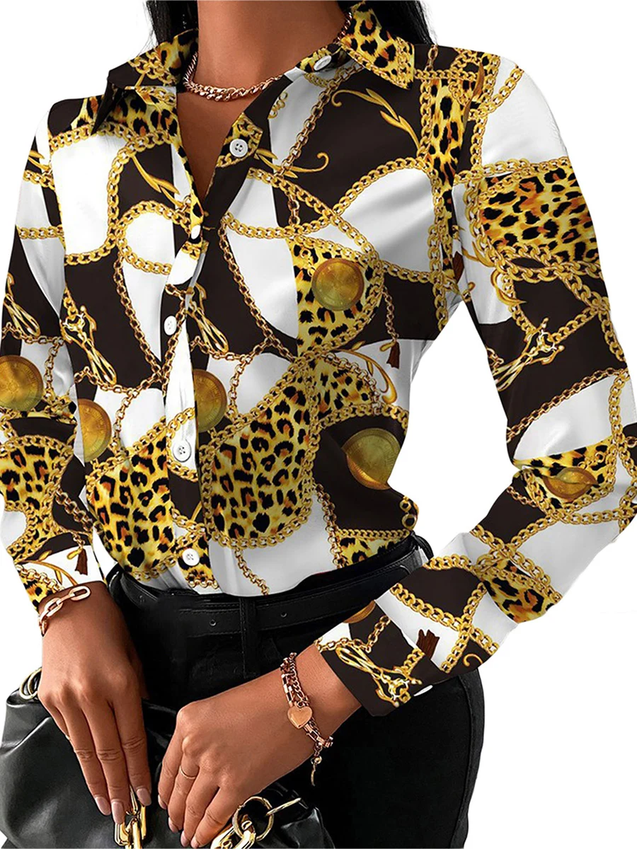 Women Fashion Wild Shirts Chain Floral Letter Geometric Square Print Turn-Down Collar Long Sleeve Blouses Streetwear