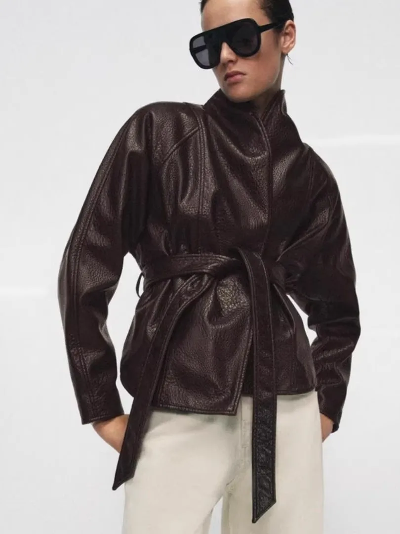 

Весна 2026: Женская свободная кожаная куртка с поясом, длинный рукав, из искусственной кожи, укороченная, модная верхняя одежда