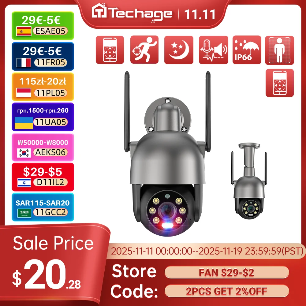 Techage 4MP PTZ WIFI IP Camera Two-Way Audio Outdoor Wireless CCTV Security Camera Smart AI Human Detection Color Night Vision