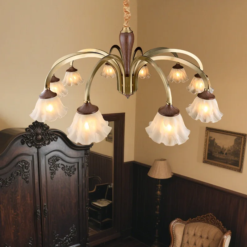 Living room chandelier, all copper American retro high-end main light, high-end solid wood bedroom dining room lamp