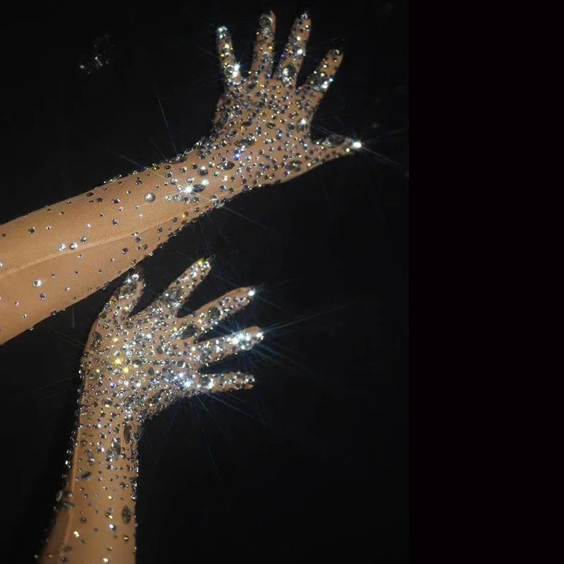 Guantes elásticos sexys con diamantes de imitación para mujer, guantes largos con perspectiva de malla de cristal brillante, traje de escenario para cantante bailarina de club nocturno