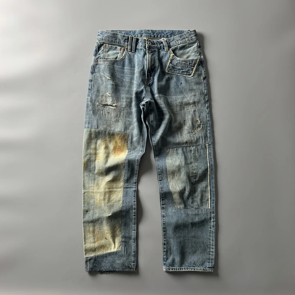 

Vintage Rustic Patchwork Men's Loose Straight Leg Jeans Mid-High Waist Long Trousers Denim Fabric Youthful Sle Daily Wear