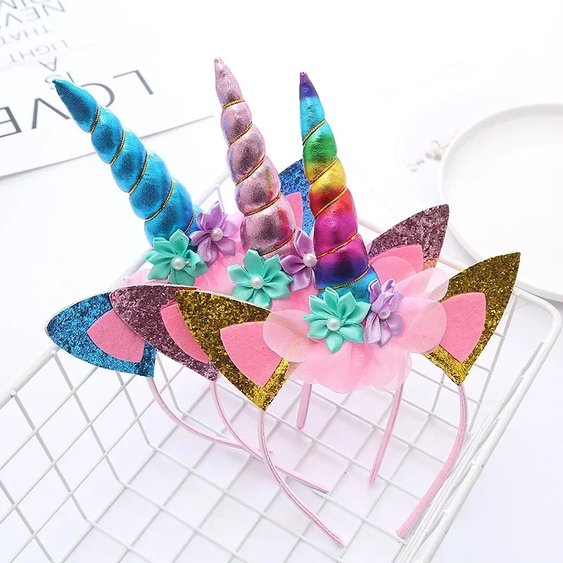 Unicorn Flower Headband Colorful Rainbow Horse Hair Band Happy Girls Princess Birthday Party Decor Unicorn Hair Accessory