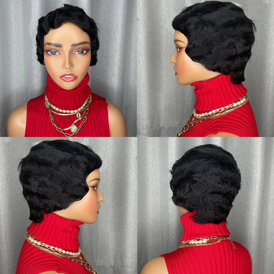 Peruka damska 4 cale, naturalny wygląd, vintage pixie cut, finger wave, z ludzkich włosów, w pełni wykonana maszynowo, krótka peruka, uniwersalna do codziennego noszenia.