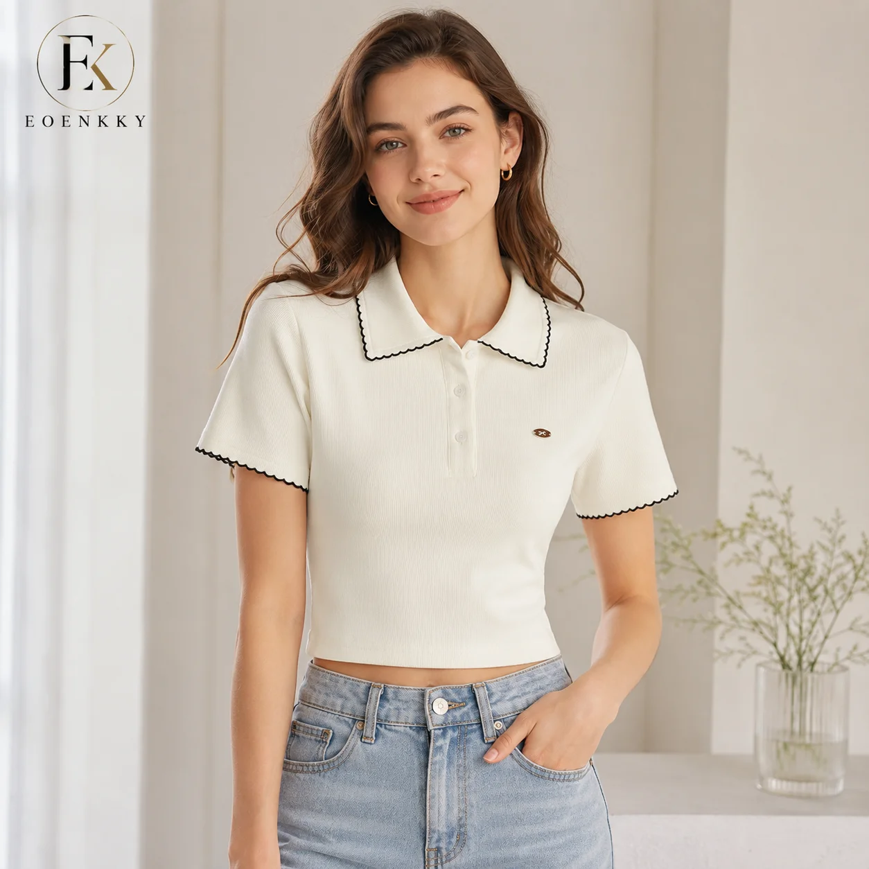 EOENKKY Women Ribbed Polo Shirt Short Sleeve Contrast Trim Slim Fit Cropped Top Summer Casual Knit T Shirt White Apricot Grey
