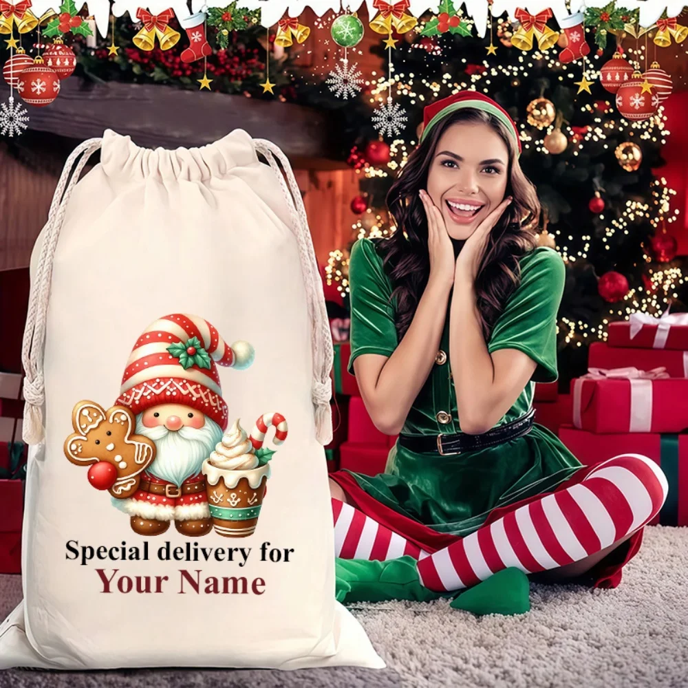 1Pc Custom Name/Text Christmas Imitation Hemp Drawstring Gift Bags, Party Candy Bags, Christmas Gift for Family and Friends