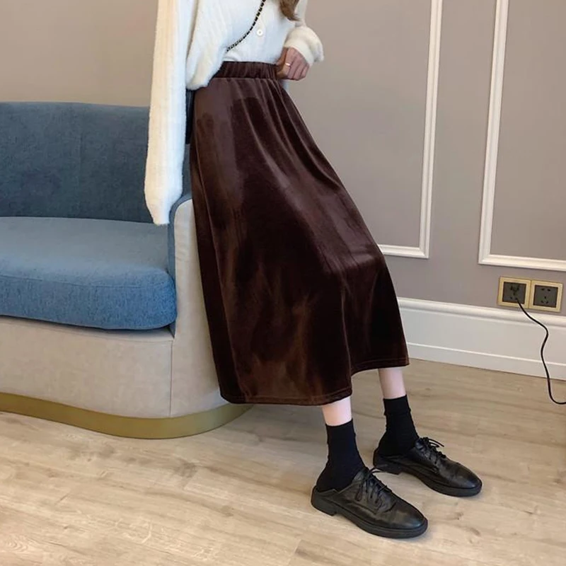 Rimocy Elegant Velvet Long Skirt for Women 2024 Vintage A Line High Waist Midi Skirt Female Solid Color Autumn Winter Skirts