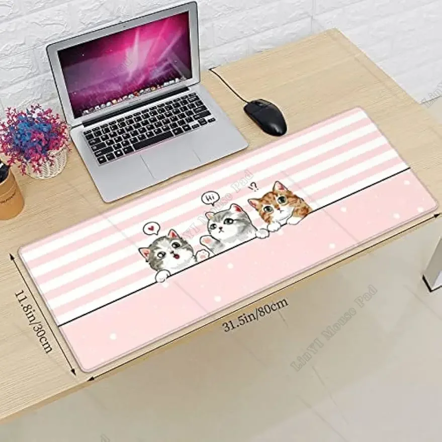 لطيف القط الوردي ماوس الوسادة كبيرة XL Kawaii الألعاب ماوس الوسادة مخيط حواف عدم الانزلاق المطاط ماوس حصيرة للعمل المكتبي 31.5X11.8 بوصة
