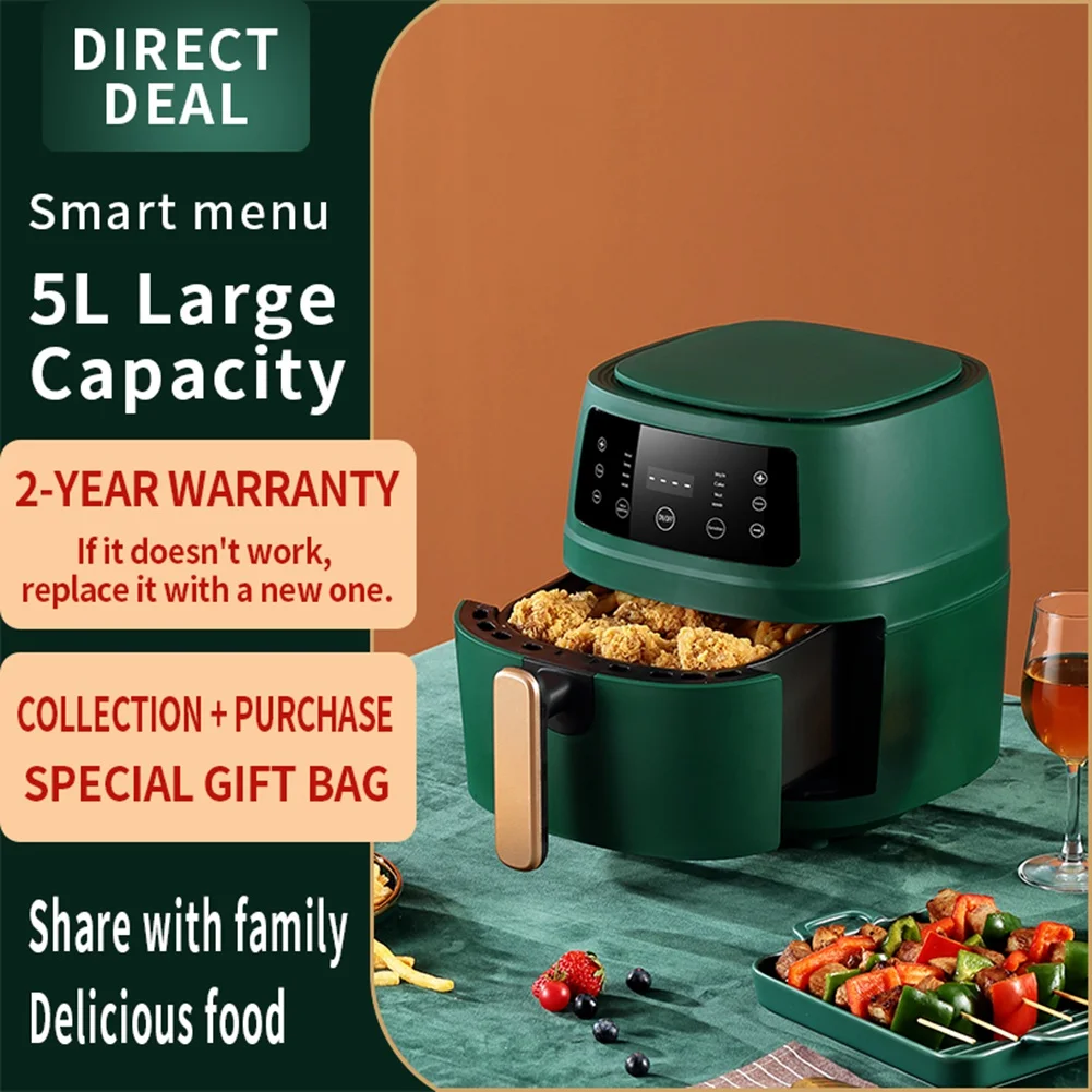 5L Capacity Smart Automatic Household Multi-Function LED Ouchscreen Deep Fryer Without Oil Black EU Plug