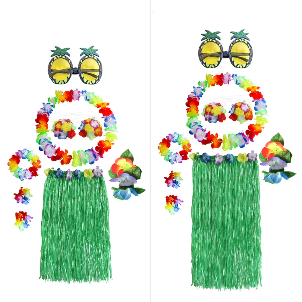 8 قطعة هاواي حولا العشب تنورة فستان مجموعة الاستوائية موضوع الوردي تنورة 60 سنتيمتر حزام مطاط زهرة اكسسوارات زي حفلة
